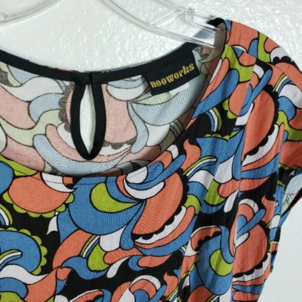 NOOWORKS Louise Mini Shift Dress 70s Style Print size XL Colorful Art-to-wear